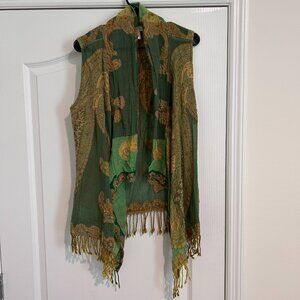 Soft Surroundings Green Paisley 100% Wool w/Fringe Trim Draping Front Vest S/M